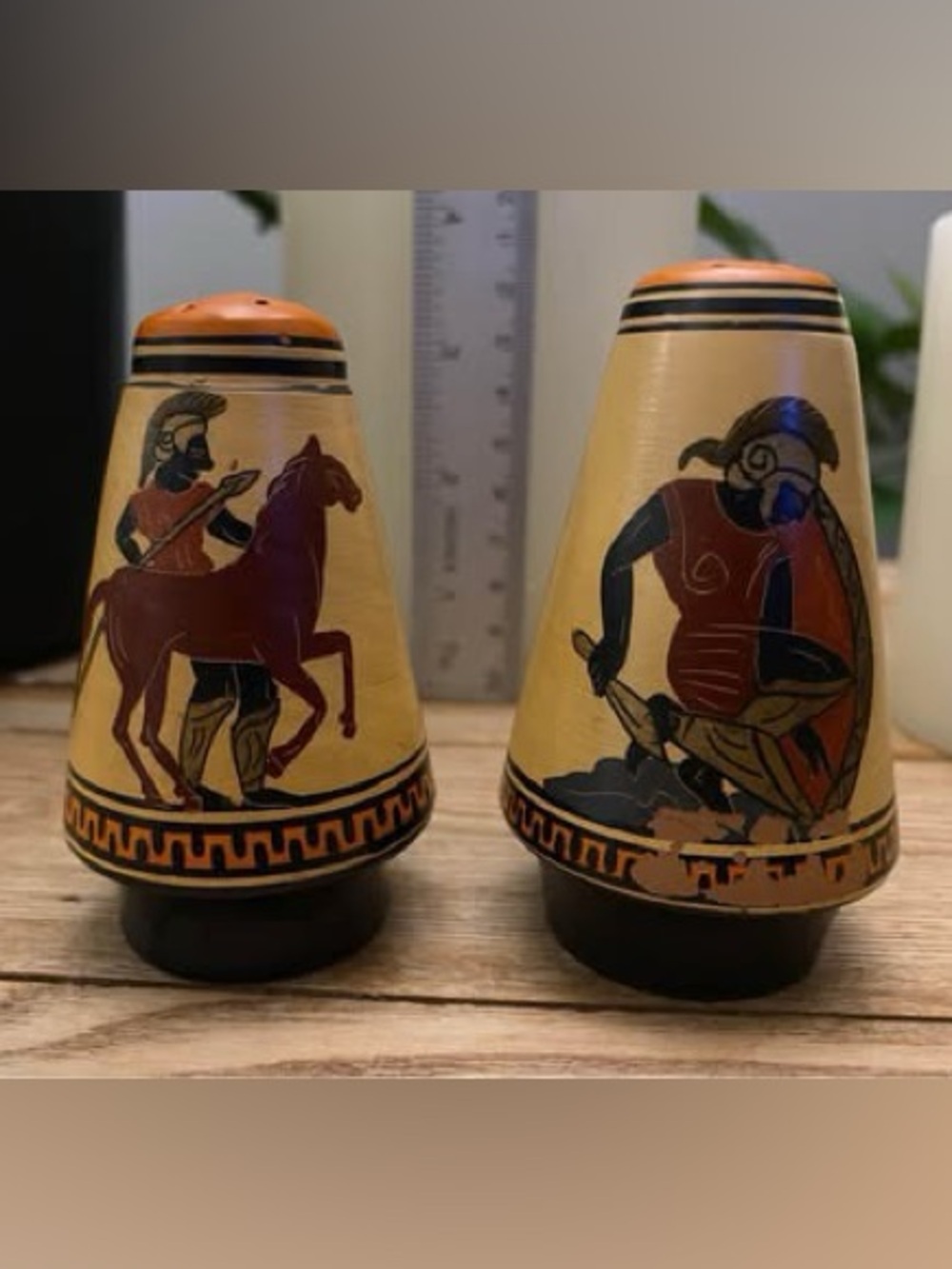 Vintage Greek Pottery Salt and Pepper Shakers Figure Warrior Horse Hand Painted